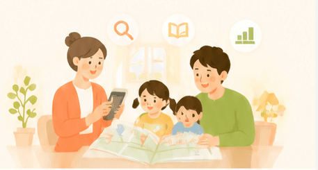 家族で子育て支援情報を確認するイラスト
