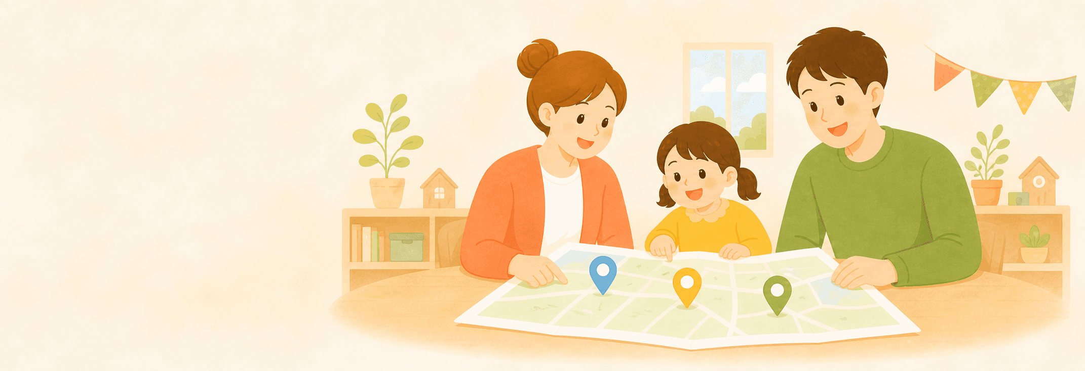地図を見ながら自治体を比べる家族のイラスト