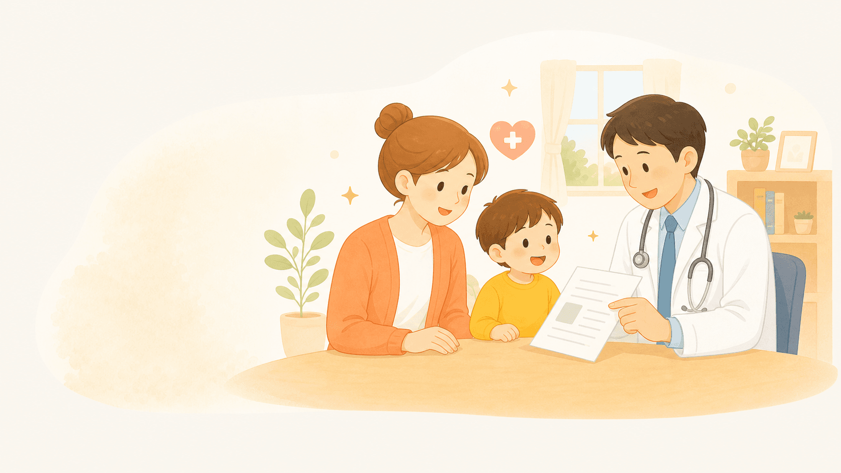 港区保育料・給食費の無償化について説明を受ける親子のイラスト