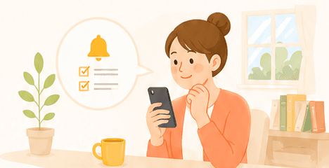 スマートフォンでお知らせを確認する女性のイラスト