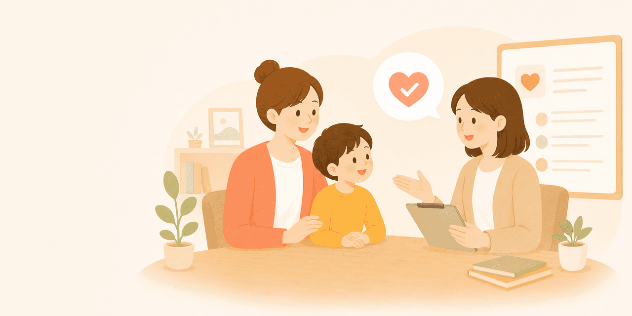 相談員に子育ての悩みを相談する親子のイラスト