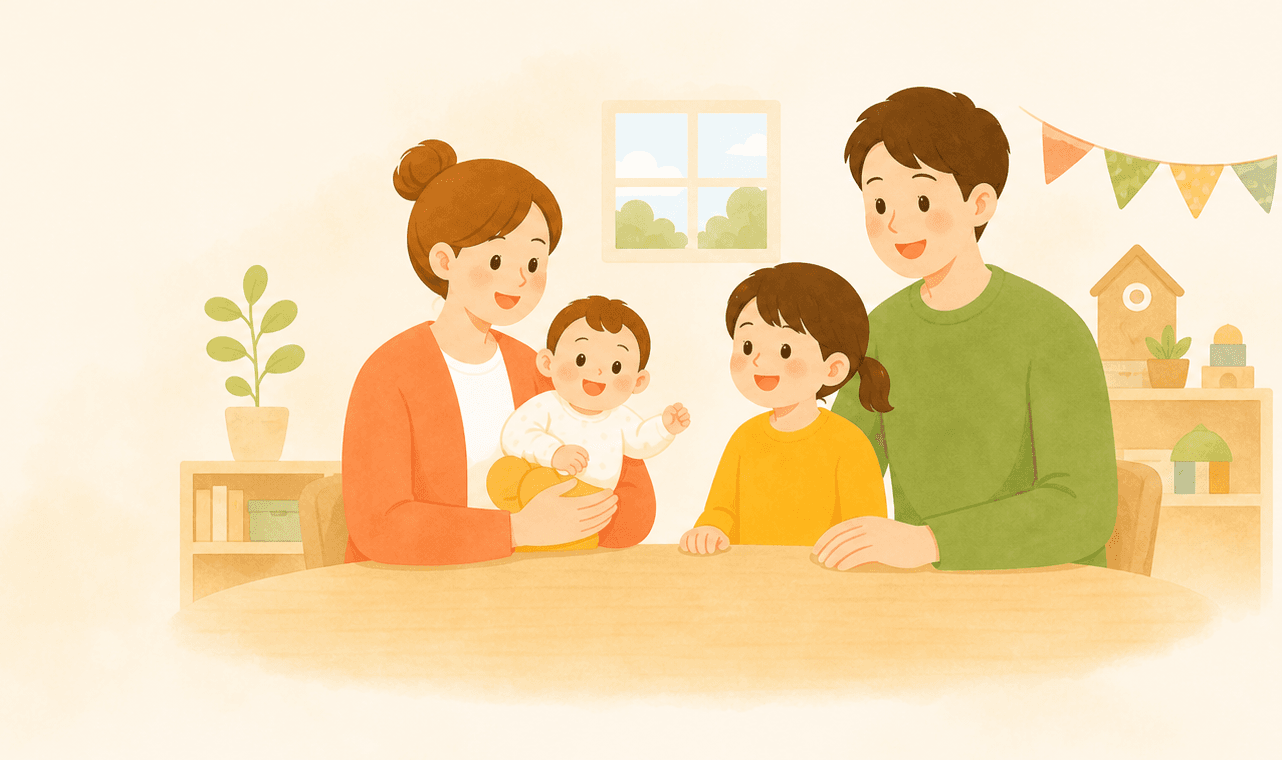 子育て支援制度を確認する家族のイラスト