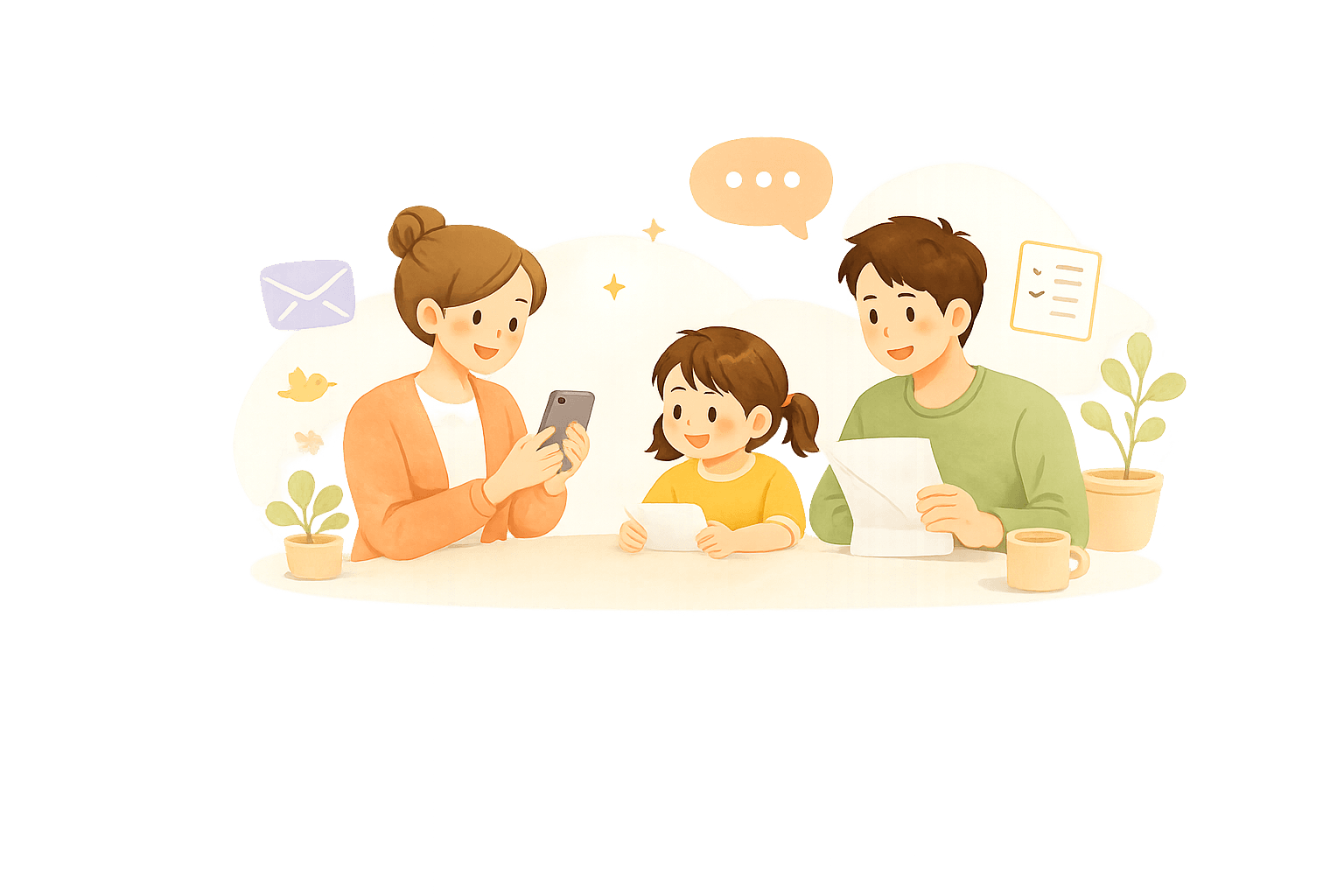 親子が書類やスマートフォンで内容を確認しているイラスト
