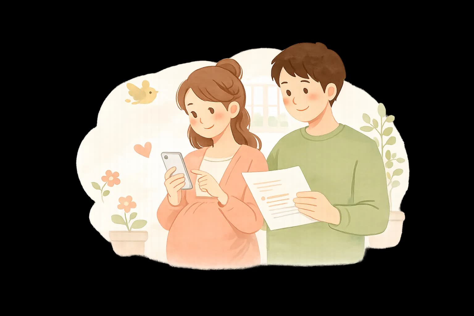 妊娠中の家庭が書類を確認しているイラスト