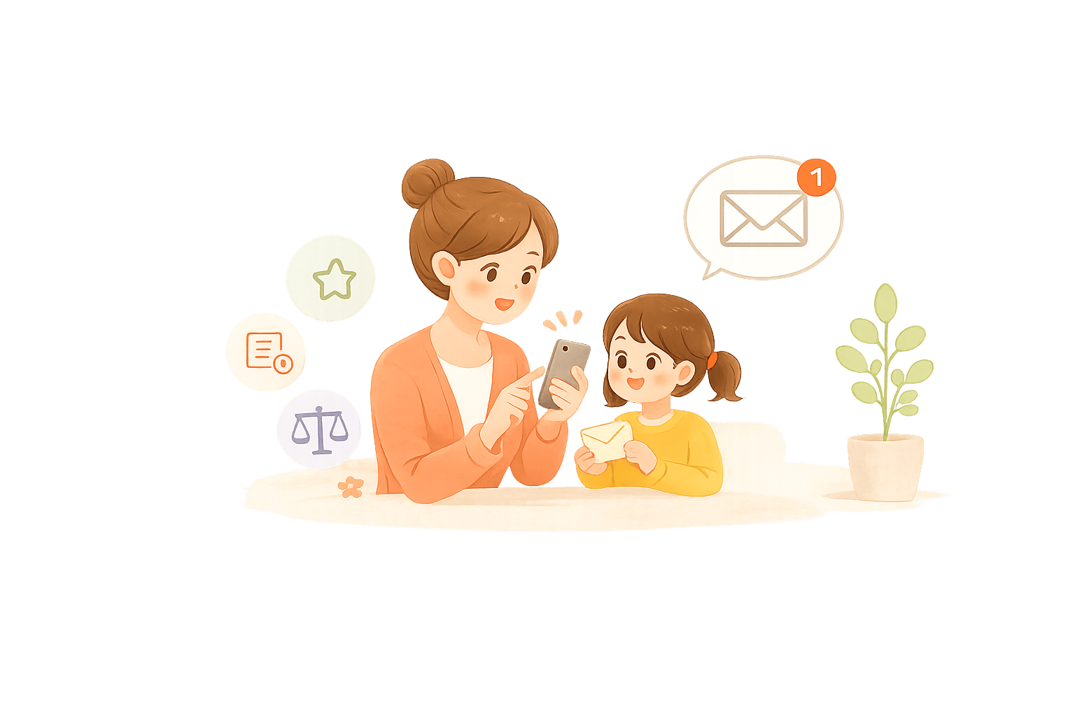 親子がスマートフォンでメール通知を確認しているイラスト