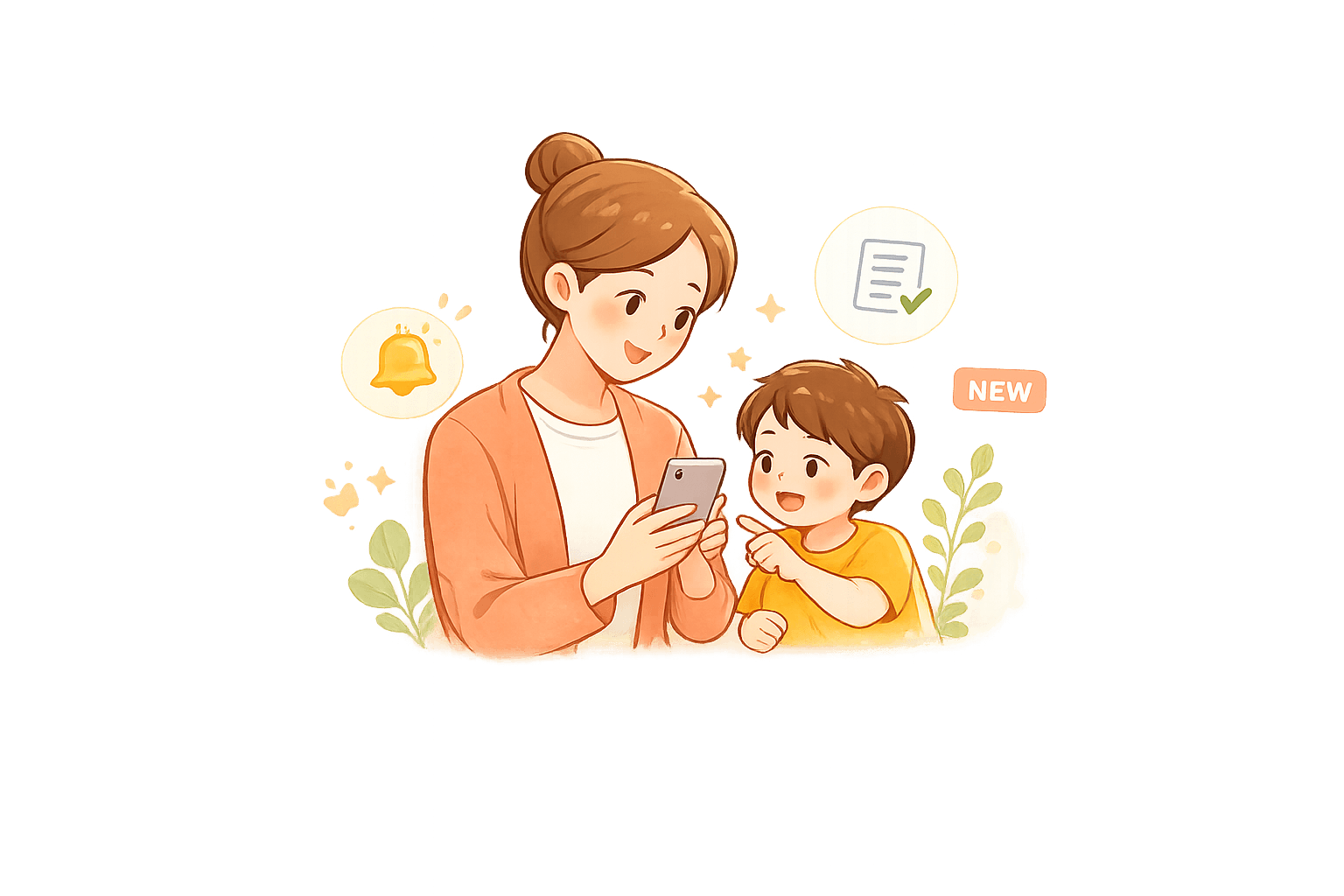親子がスマートフォンでお知らせを確認しているイラスト